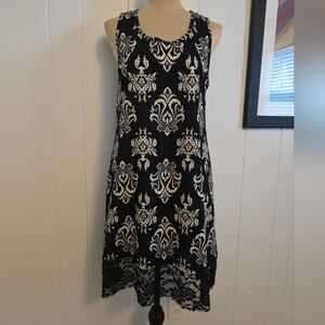 Vocal USA Black White Damask Print Lace Trim Sleeveless Tank Dress Size XL